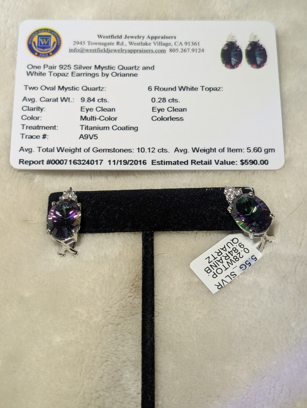 Mystic Quartz & White Topaz Earrings. Certificate included $590 appraisal